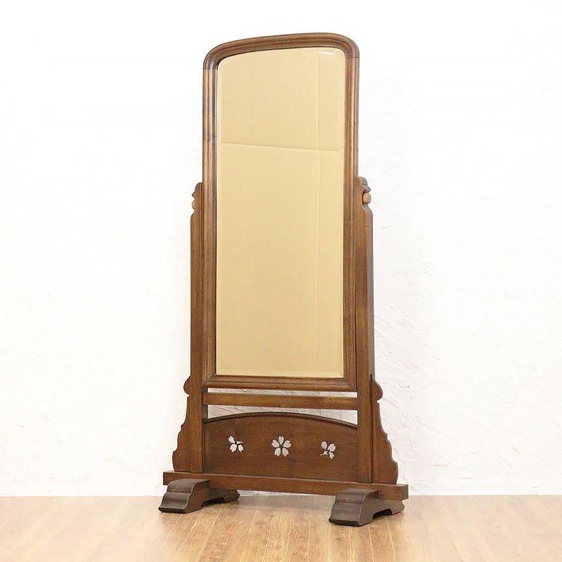 アンティーク ケヤキ材 桜透かし入り 和風姿見鏡