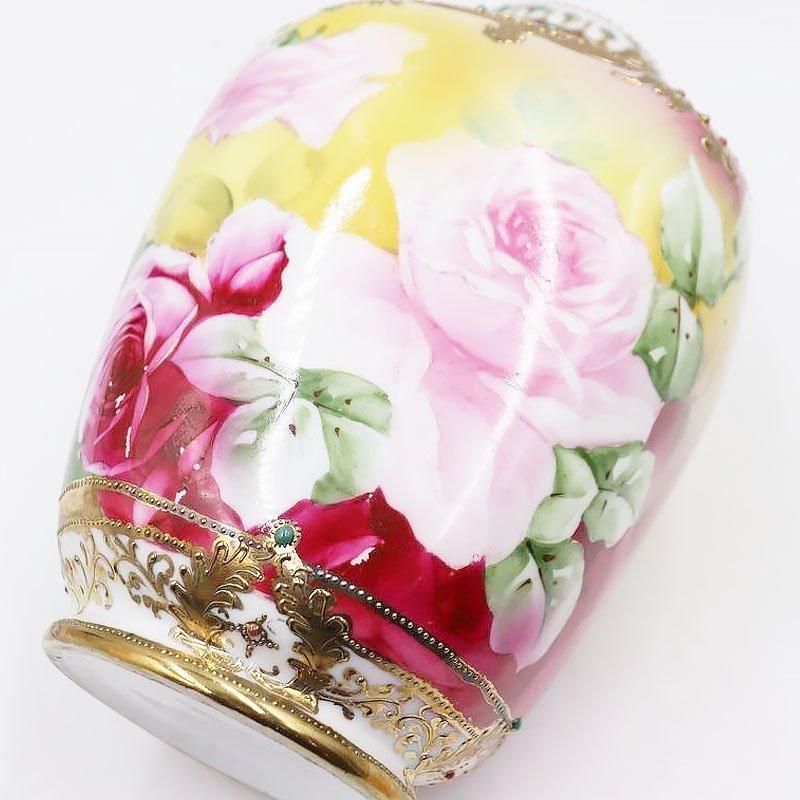 大正時代のオールドノリタケ手描き薔薇花瓶金彩アンティーク