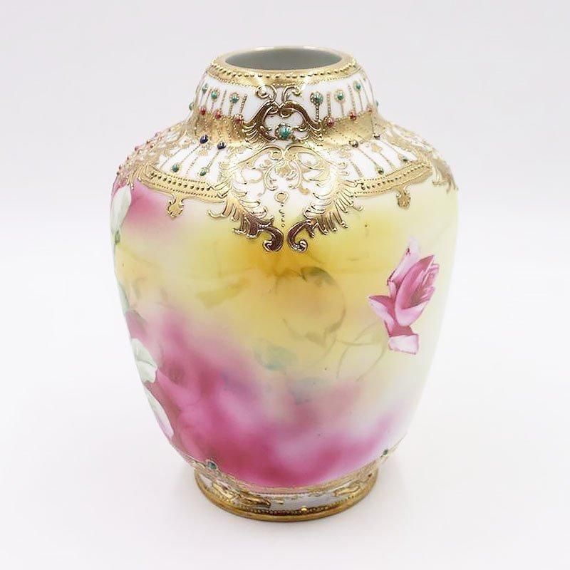 大正時代のオールドノリタケ手描き薔薇花瓶金彩アンティーク