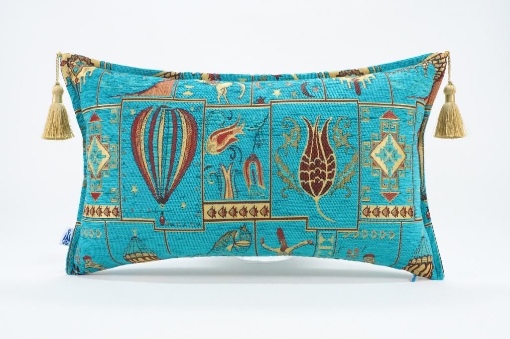 トルコファブリッククッション50x30cm ターコイズブルー