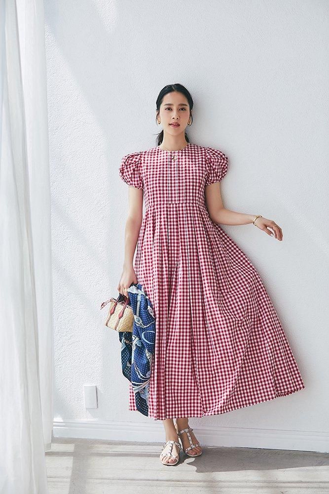20％off】ボックスタックマキシワンピース(レッドギンガム) - seventen