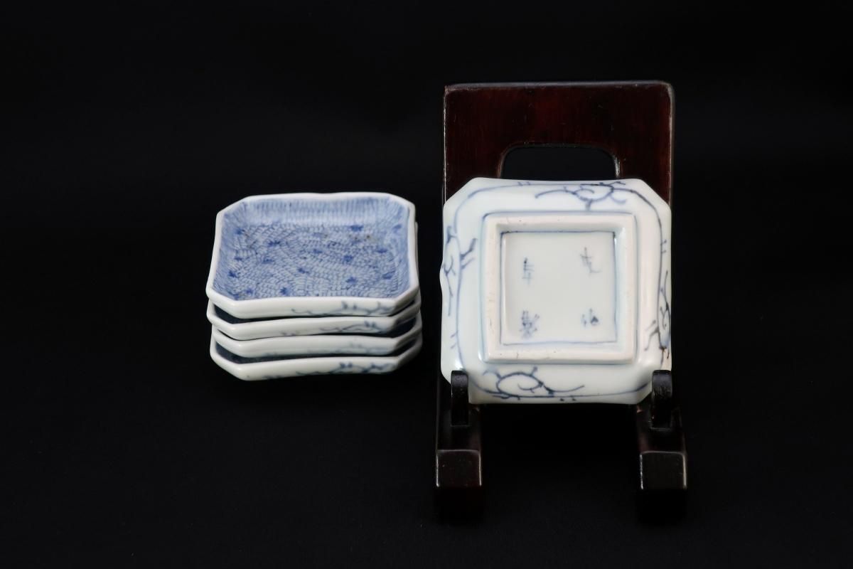 伊万里染付微塵唐草文角豆皿 五枚組 / Imari Small Square Blue