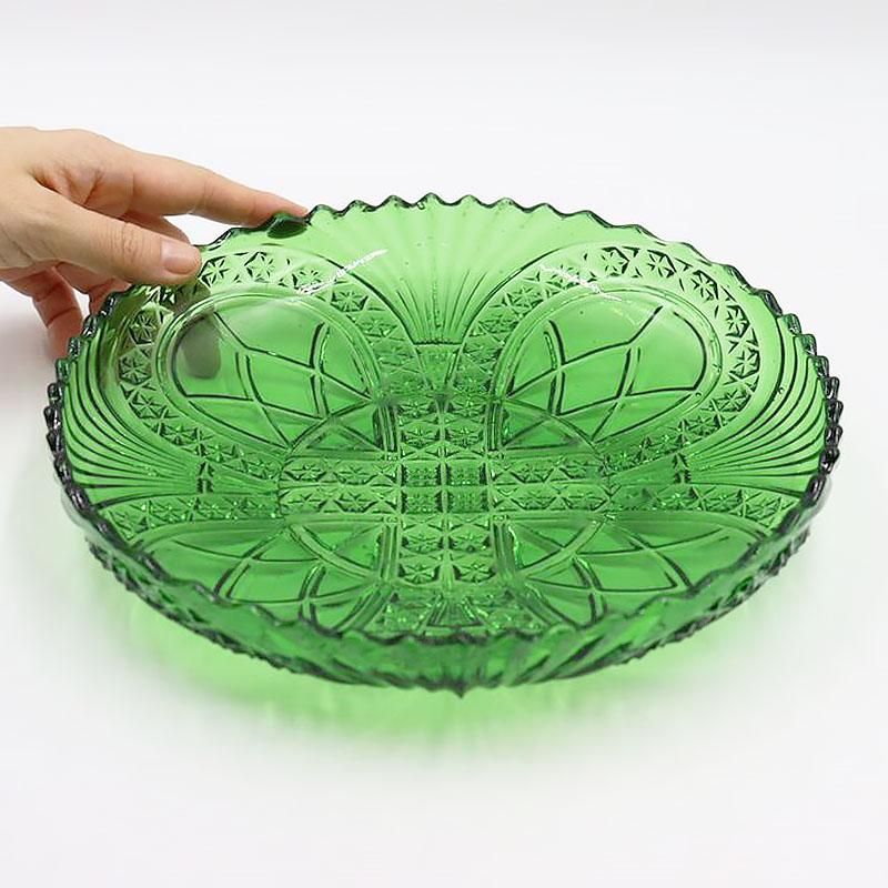 大皿 プレスガラス グリーン 昭和初期 直径23.5cm