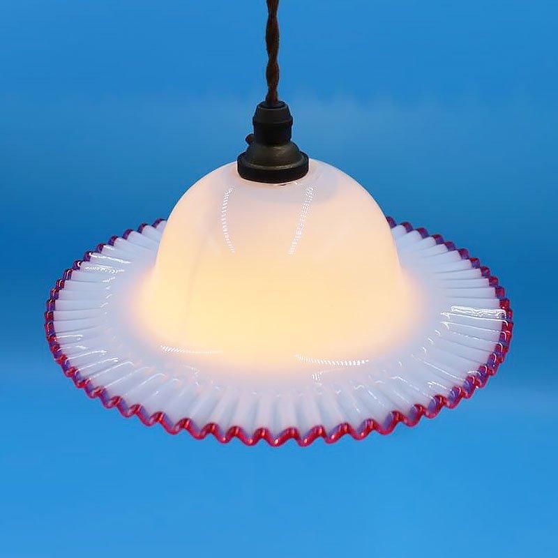 電笠 大正ロマン ガラス 乳白 ピンク 直径22cm