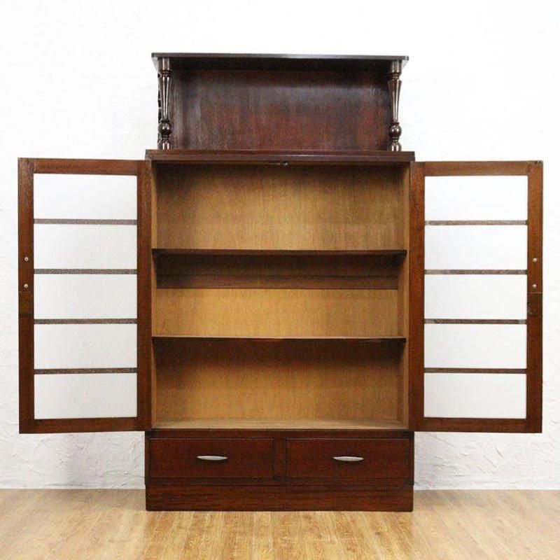 昭和期 すりガラス柱本箱 引出し付収納棚