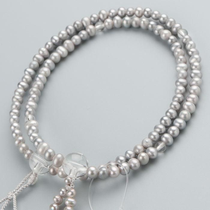 ≪特別価格≫日蓮宗 数珠 女性用 8寸 淡水パール（グレー）本水晶 正絹