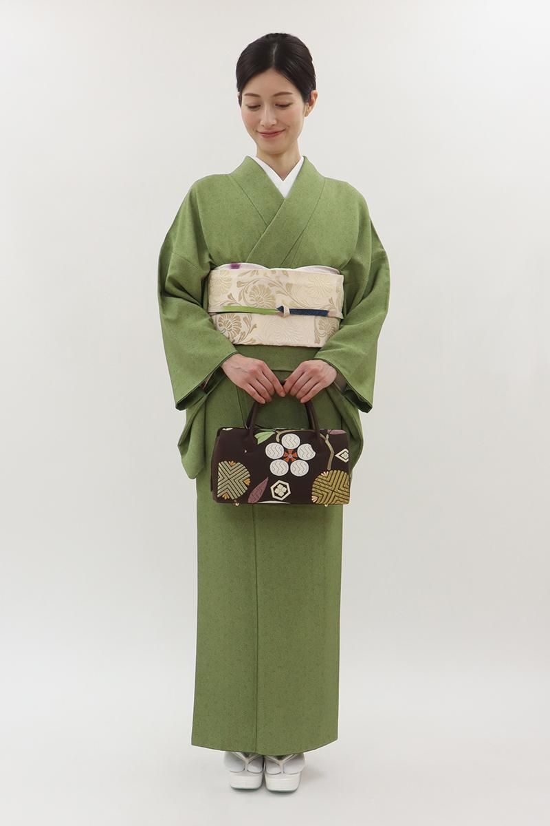 あおき【C-3083】小紋師 藤崎邦夫作 江戸小紋 香櫞緑色 竹に雀文（落款