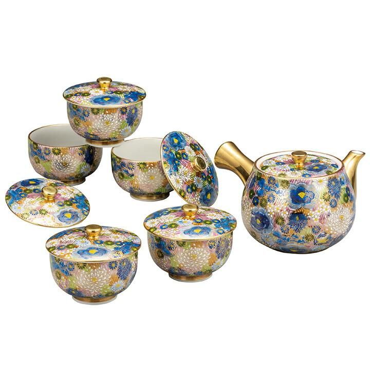 蓋付茶器 青地金花詰