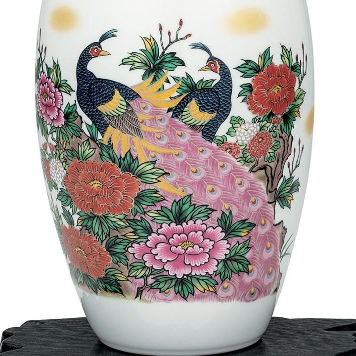 9号花瓶 色牡丹孔雀（台付）