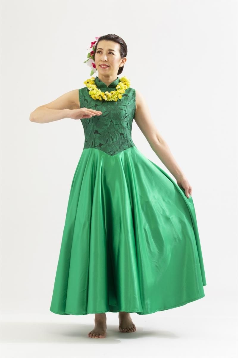 サテンドレス、ベロアドレス、フラダンス衣装グリーンモンステラ1J04