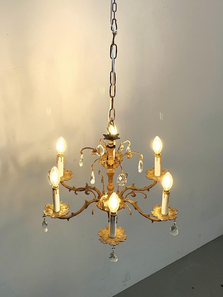 1960's スペイン製 ヴィンテージ ゴールドフレーム 6灯 シャンデリア