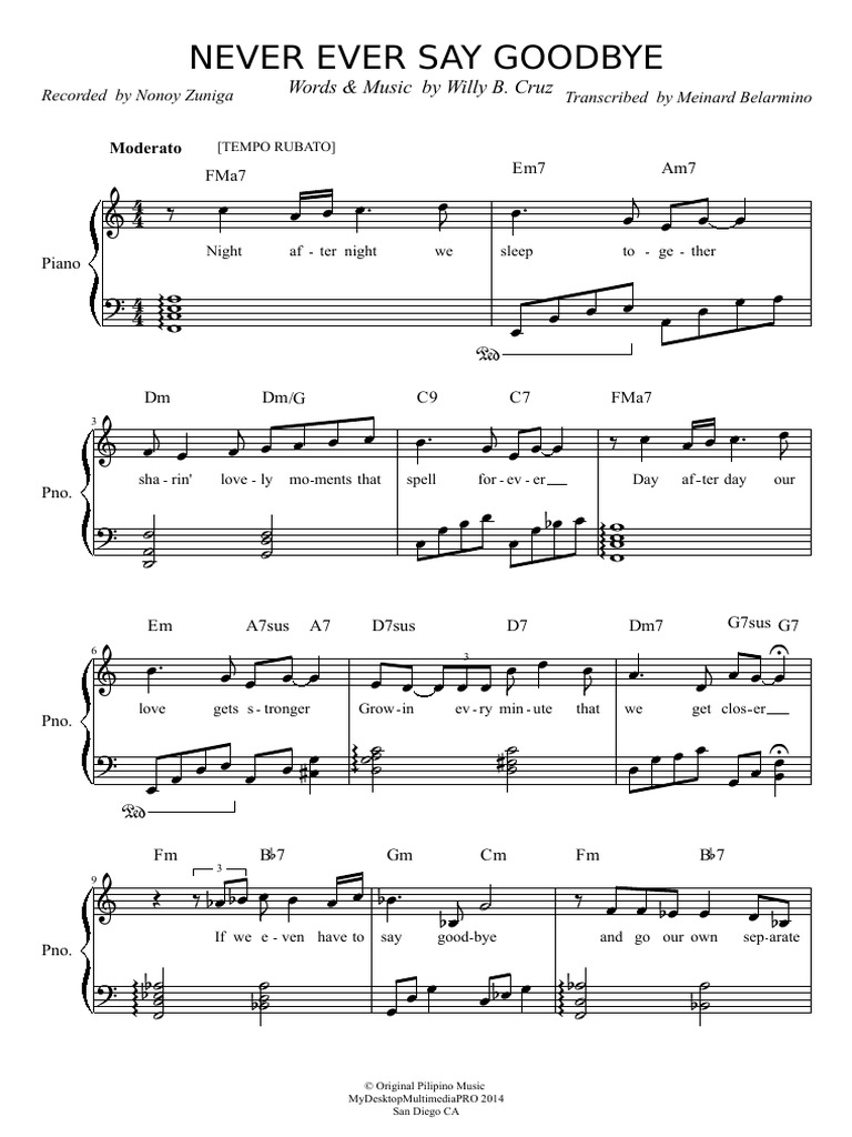 Never Ever Say Goodbye: Words & Music by Willy B. Cruz | PDF