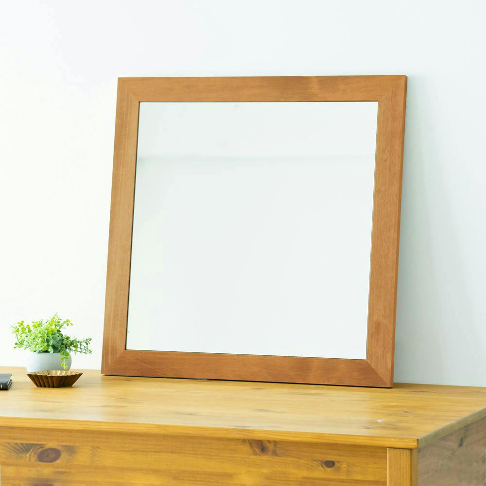 日本製】【幅広枠正方形ウォールミラー 幅60cm(ハニーブラウン/茶