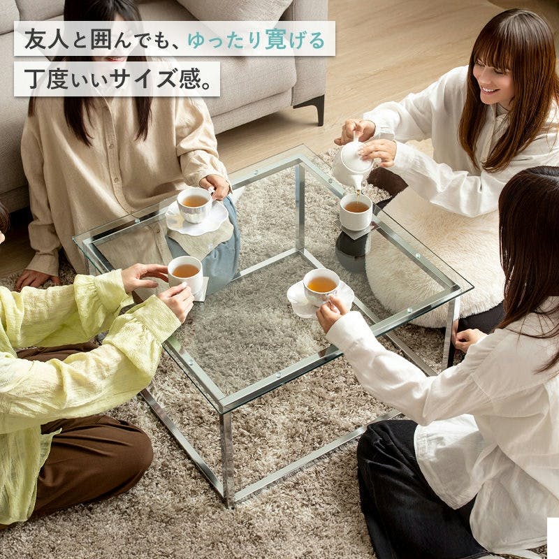 正方形ガラステーブル 幅70cm IW-527／カラー：クリア／ お客様組立