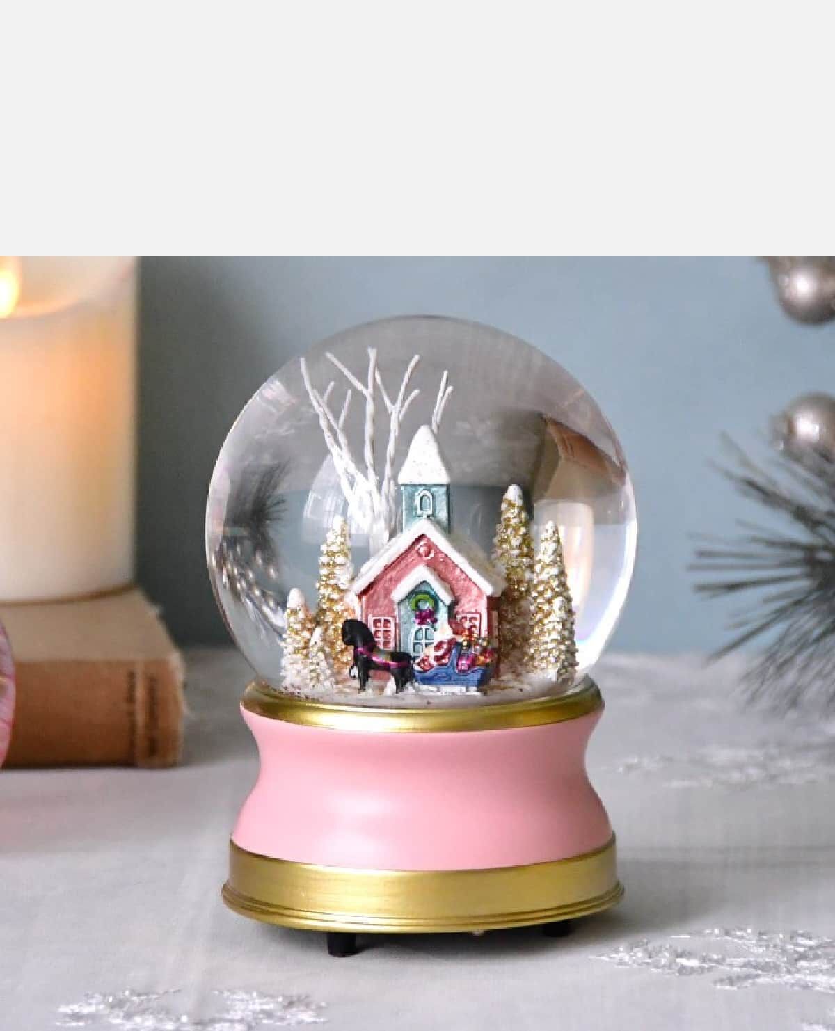 スノードームオルゴール スノーヴィレッジピンク クリスマス