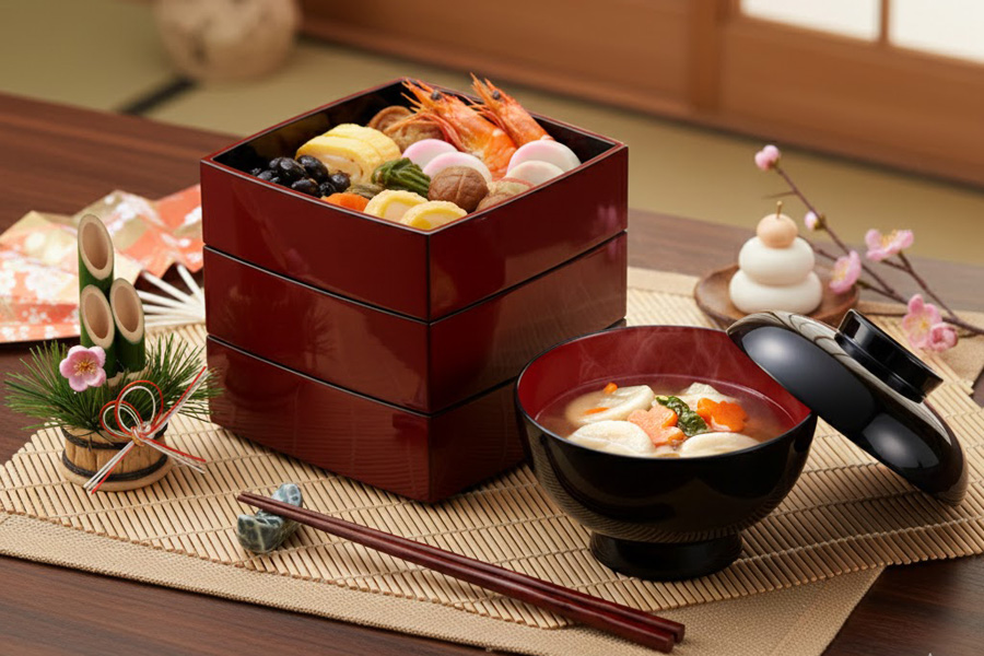 胴張三段重箱 古代朱内黒 5.5寸 木製 漆塗りお重箱 漆器の井助