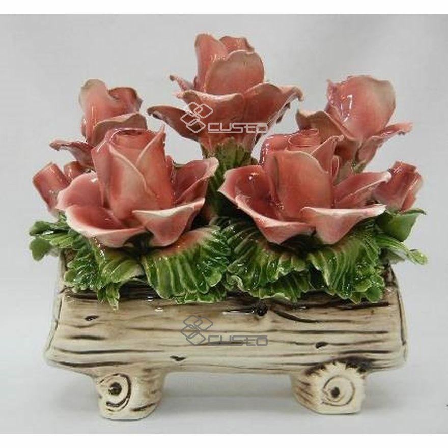 陶器 陶花 ピンクのバラ インテリア イタリア置物 イタリア雑貨