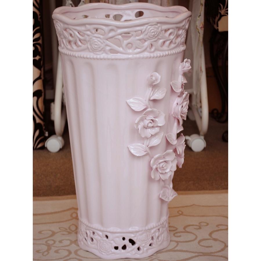 傘立て アンブレラスタンド 筒形 円筒形 陶器 ピンク 桃色 薔薇柄 バラ