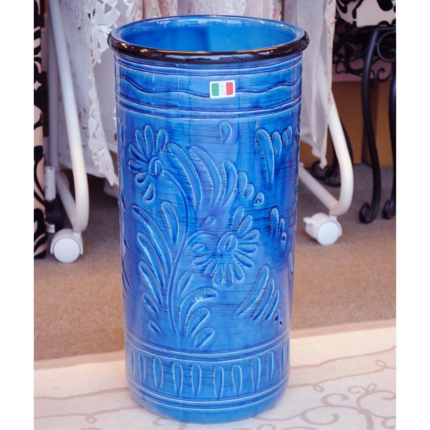 傘立て アンブレラスタンド 筒形 円筒形 陶器 ブルー 青色 花柄