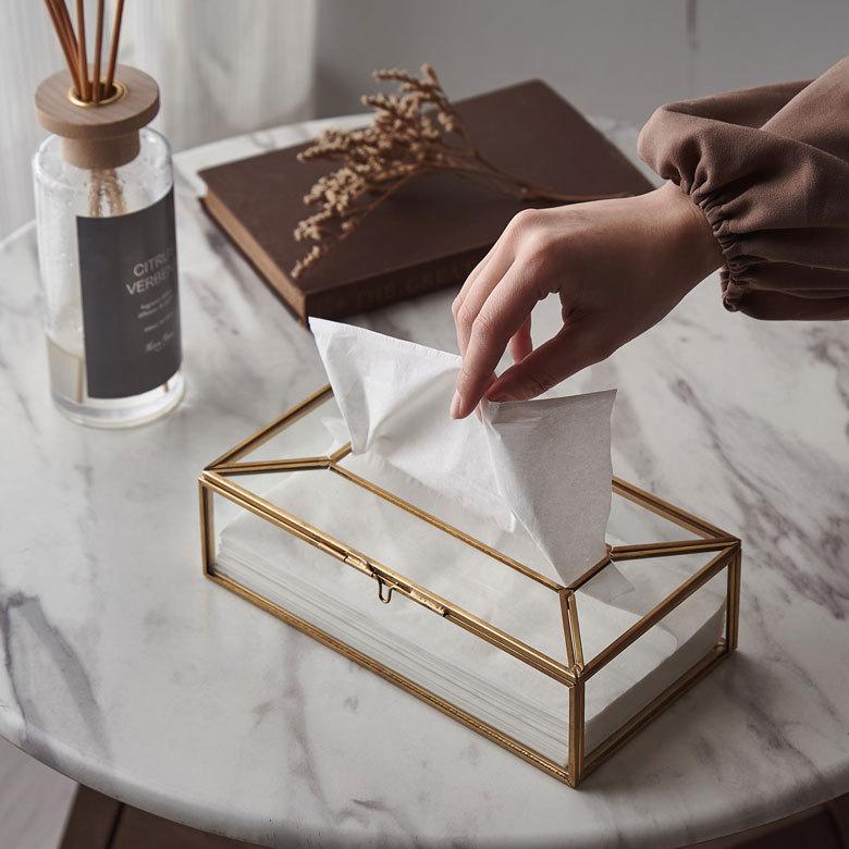 ティッシュ ケース ボックス ガラス 真鍮 ふた 付 約 W 22cm D 11.5cm