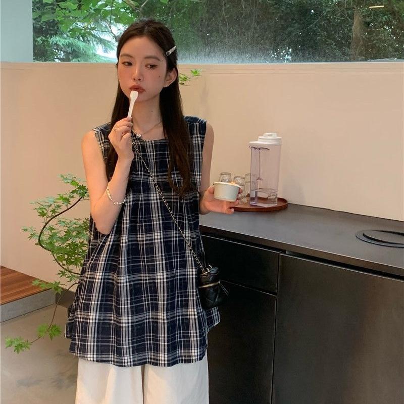 シャツ レディース 袖なし ブラウス ノースリーブ チェック柄 プル