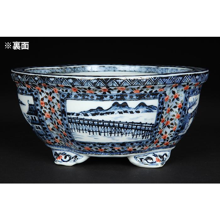 九谷理節染付赤絵窓抜草花山水図木瓜式鉢 盆栽鉢 鉢 植木鉢 盆器 藍