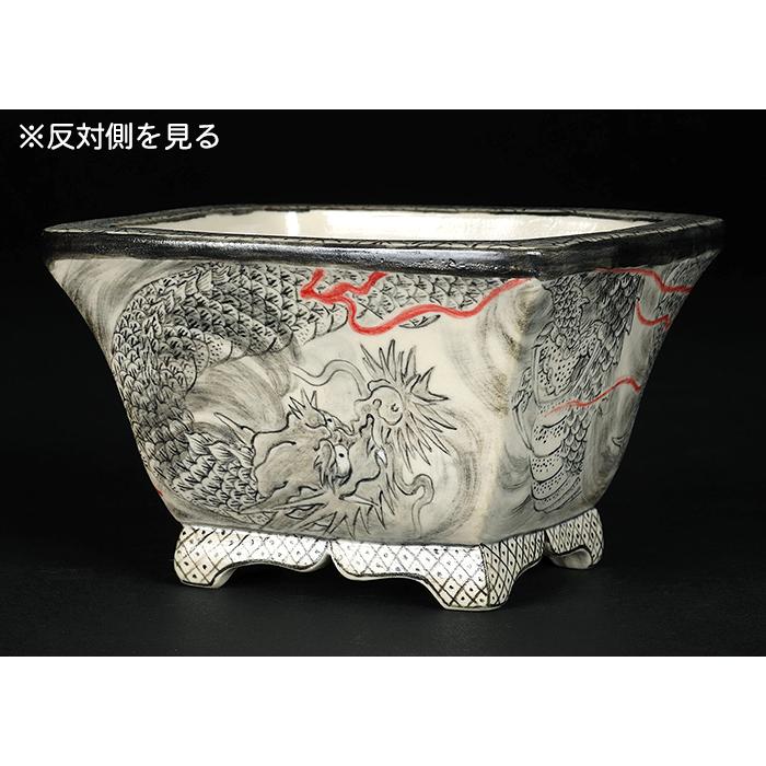 盆栽鉢 「春雪墨絵龍図長方鉢」 植木鉢 絵付 シュンセツ 磁器 4号 12cm