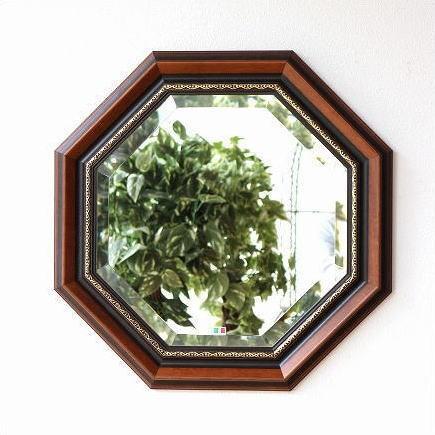 八角鏡 壁掛けミラー ウォールミラー アンティーク クラシック 木製