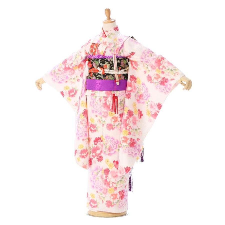 7歳着物 牡丹桜柄の七五三着物レンタルフルセット（白系 ）｜女の子(七