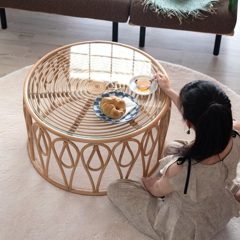 ELEMENTS センターテーブル ローテーブル ラタン 籐 ガラス天板