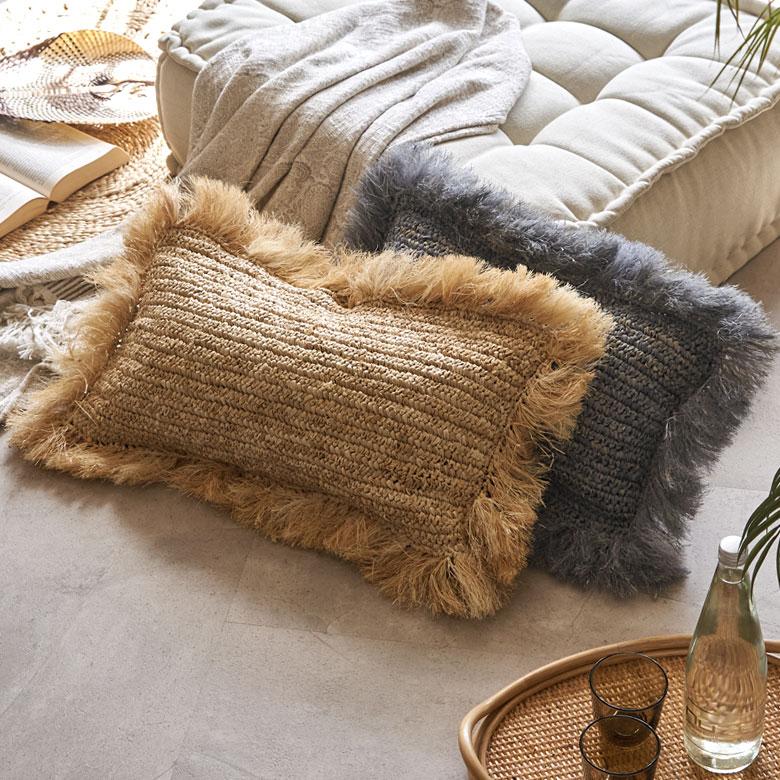 クッションカバー 30×50 長方形 天然素材 ヤシ ラフィア フリンジ