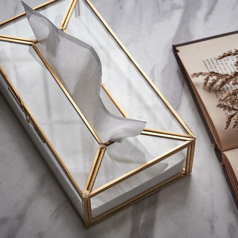 ELEMENTS ティッシュ ケース ボックス ガラス 真鍮 ふた 付 約 W 22cm