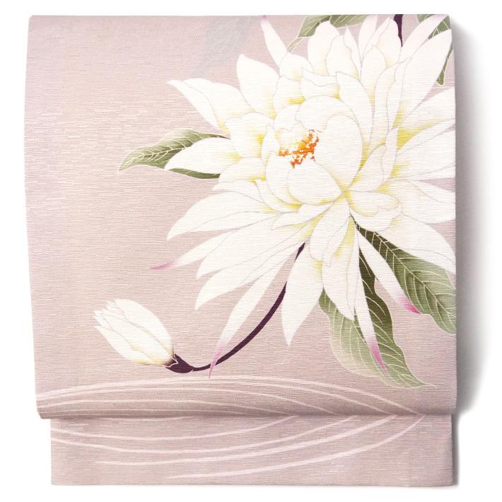 京袋帯 WAKKA 月下美人 ピンク 白 花 モダン 正絹 お太鼓 一重太鼓