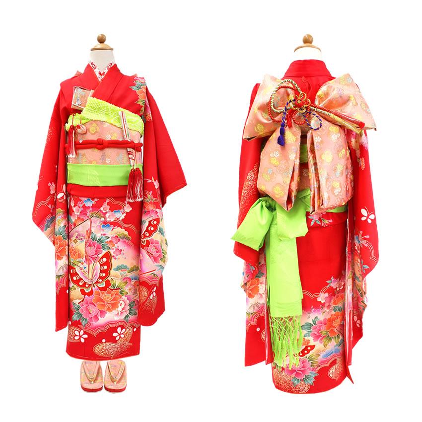 七五三 着物 7歳 正絹 フルセット 購入 20点フルセット 赤地扇に蝶