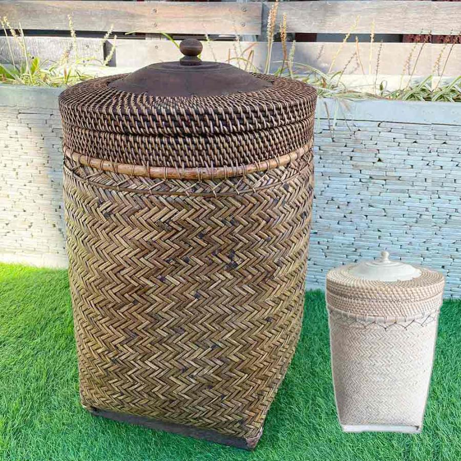 ランドリー ボックス 蓋付 収納BOX W40cm 茶 白 籐 竹 ラタン バンブー
