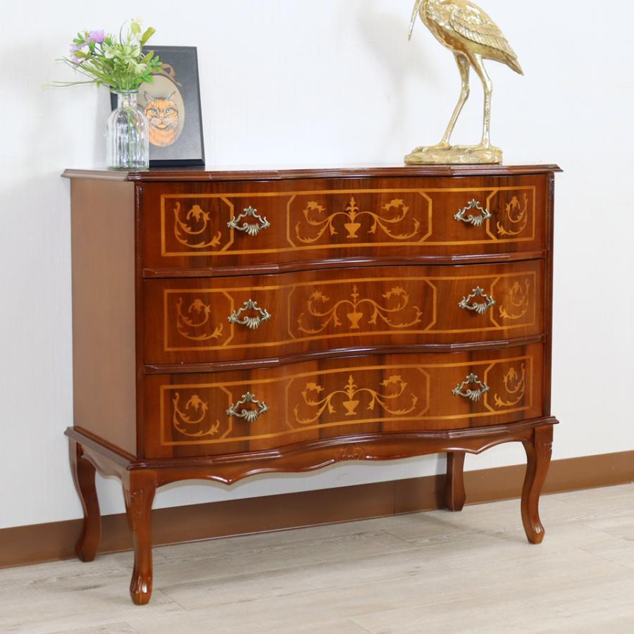 イタリア 3段 チェスト 茶 87cm 象嵌 ロココ調 家具 猫脚 丸脚 完成品