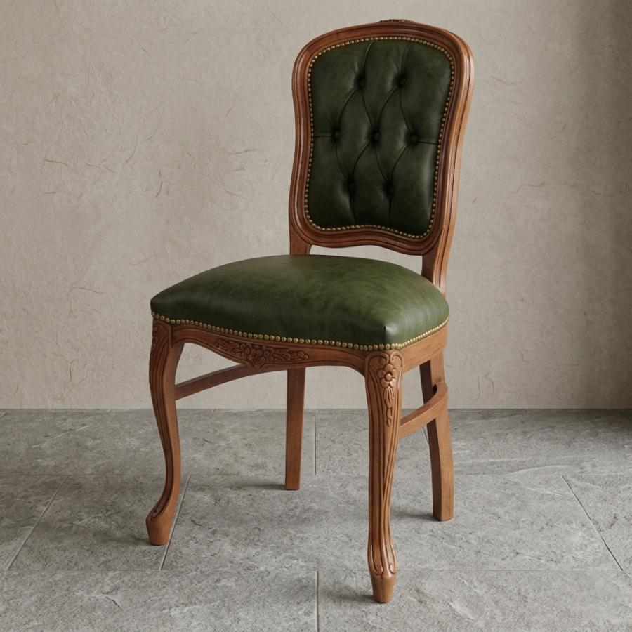 イタリア ダイニングチェア グリーン・本皮 木製 完成品 イス チェア