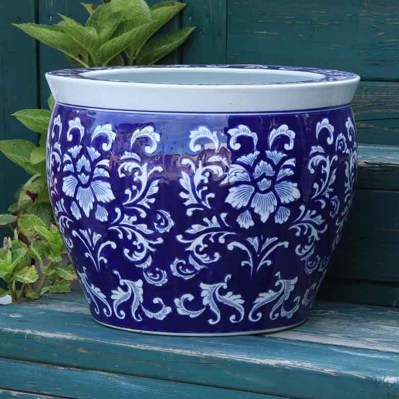 水鉢 大型 陶器 13号 ヒマワリ 青 火鉢 鉢カバー プランターカバー