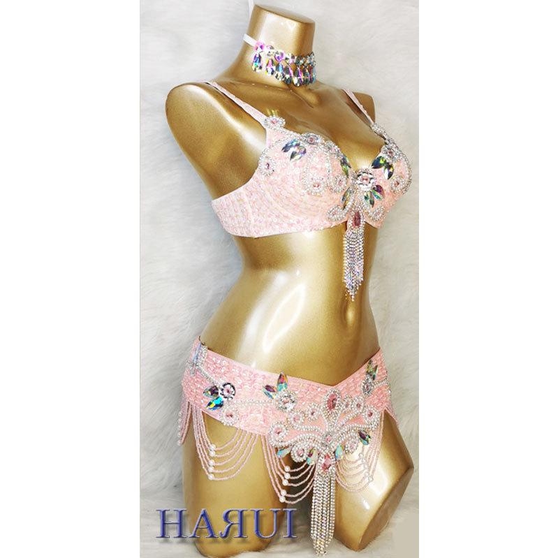 ベリーダンス 衣装 ブラ ベルト パール しずく 上下2点 セット ピンク