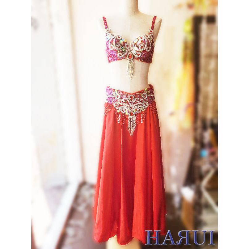 ベリーダンス 衣装 ブラ ベルト パール しずく 上下2点 セット 赤