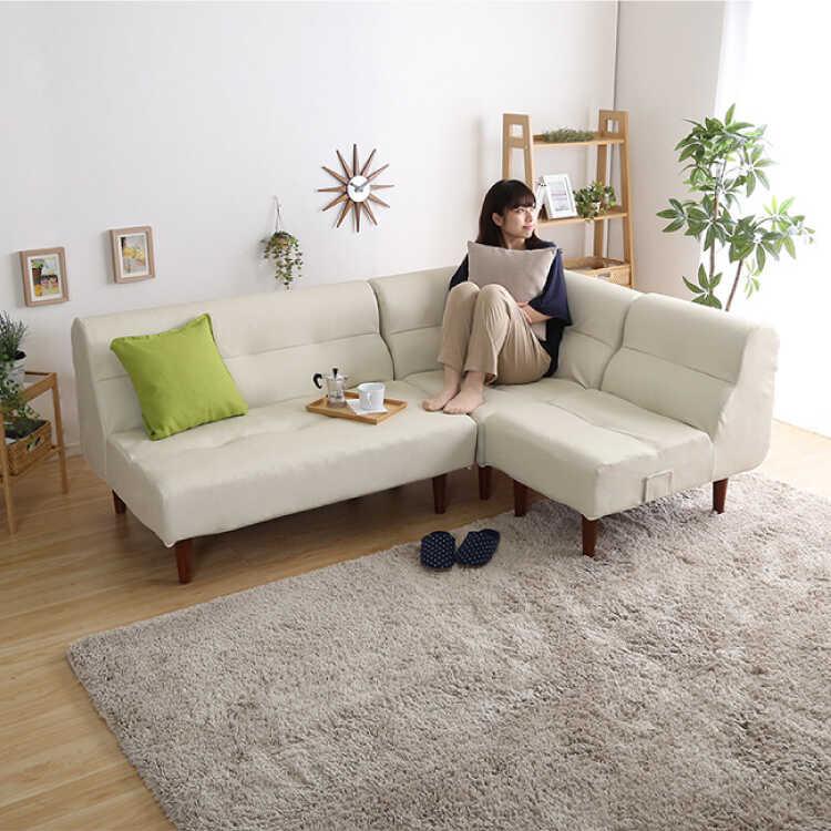 コーナーソファー L字ソファ ワイド アイボリー レザー 合皮 ロー