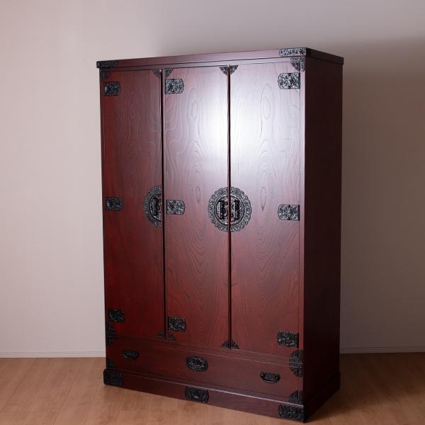 民芸箪笥 洋服ダンス おしゃれ 120 完成品 洋服掛け 開き戸 引き出し