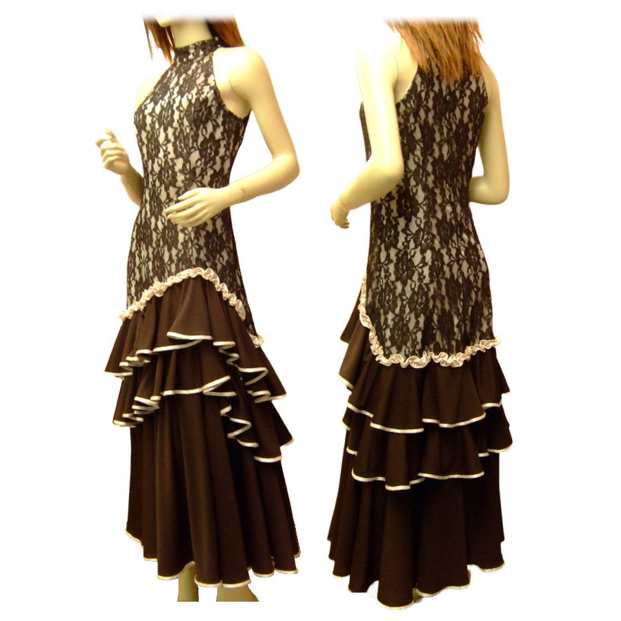 フラメンコ衣装 ワンピース (ブラウン)アメリカンスリーブ 花柄レース