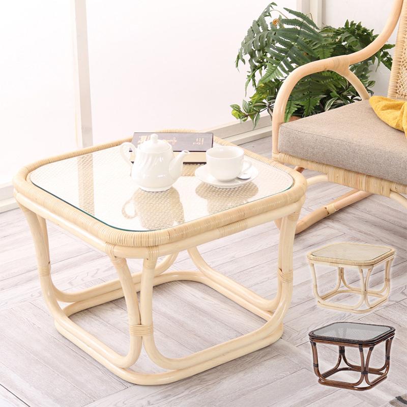 サイドテーブル ラタンテーブル 手編み ガラステーブル 55cm 籐