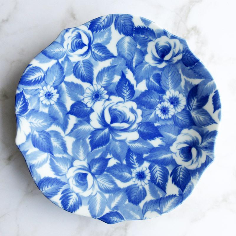 プレート 20cm 洋食器 花型 ブルー 中皿 バラ 花柄 薔薇 デザート