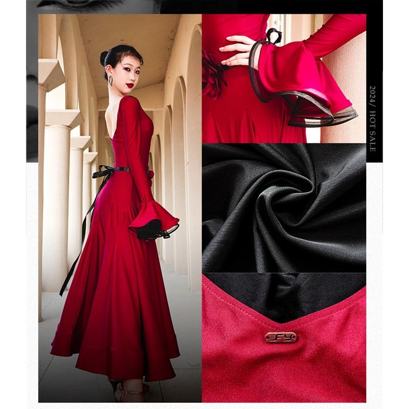 社交ダンスドレス モダンドレス 黒 赤 社交ダンス衣装 社交ダンス 長袖