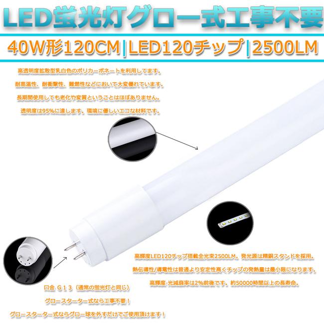 LED蛍光灯 40W形 120cm 昼白色5000K 割れにくい PC製 直管型 両側給電