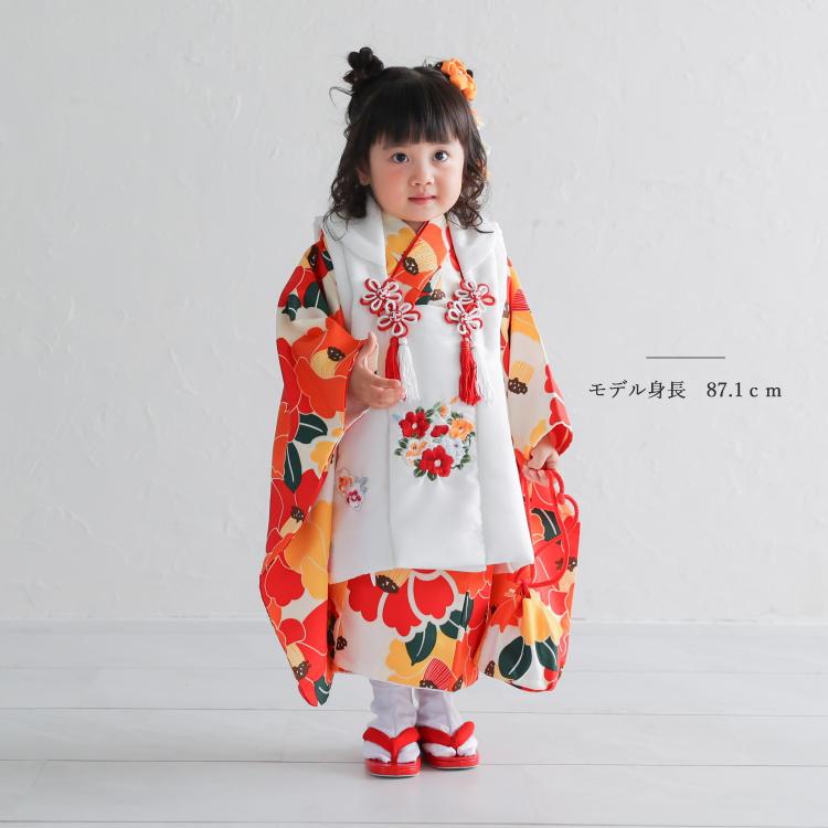 七五三 着物 3歳 女の子 レンタル 椿 オレンジ 黄色 アイボリー 花