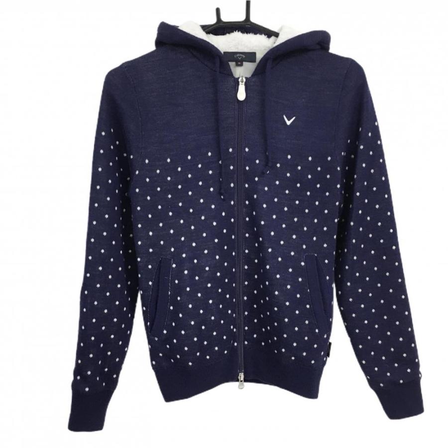 キャロウェイ ニットパーカー ネイビー×白 ドット柄 ロゴ刺しゅう