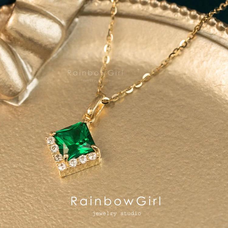 RainbowGirl ネックレス レディース エメラルド 一粒 小ぶり 四角